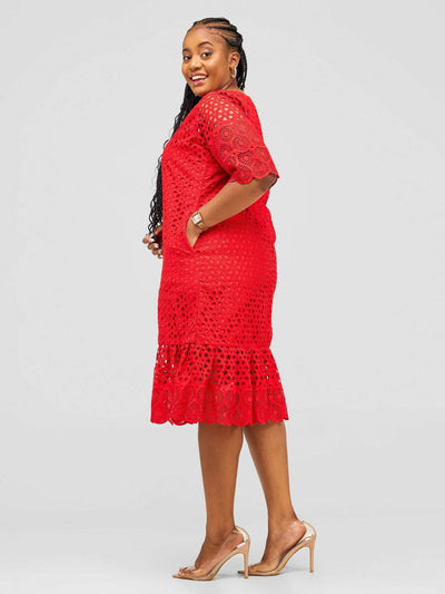 Afafla Knee Founce Dress - Red - Shopzetu