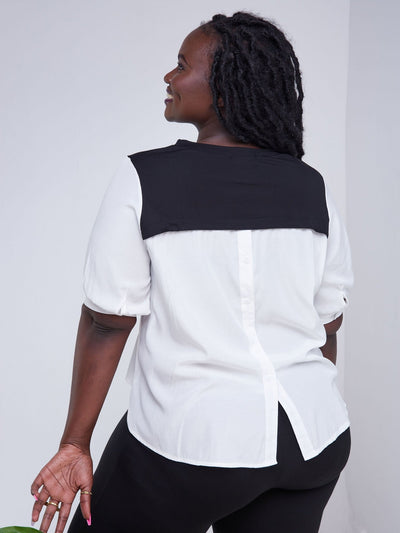 Alara Jersey Shirt Mix With Elastic Front Detail And Buttons At Back - B & W - Shop Zetu Kenya