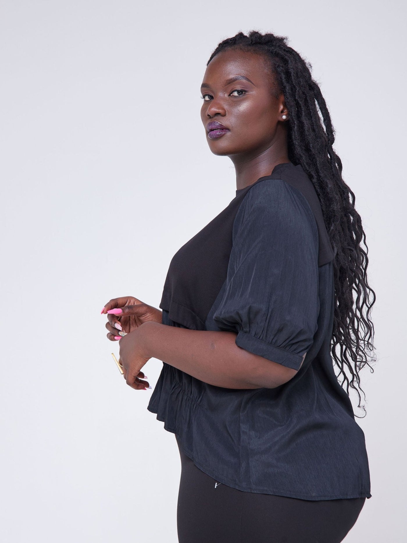 Alara Jersey Shirt Mix With Elastic Front Detail And Buttons At Back - Black - Shop Zetu Kenya
