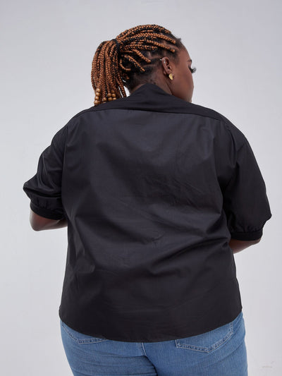 Alara Jersey Shirt Mix With Elastic Sleeve Detail - Black - Shop Zetu Kenya