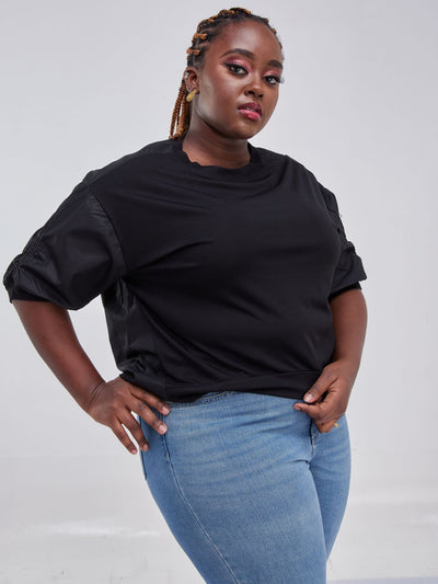 Alara Jersey Shirt Mix With Elastic Sleeve Detail - Black - Shop Zetu Kenya