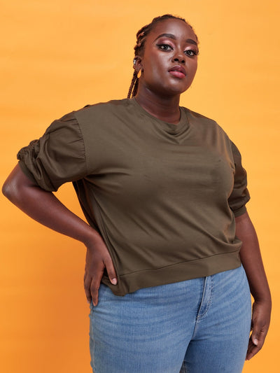 Alara Jersey Shirt Mix With Elastic Sleeve Detail - Olive Green - Shop Zetu Kenya