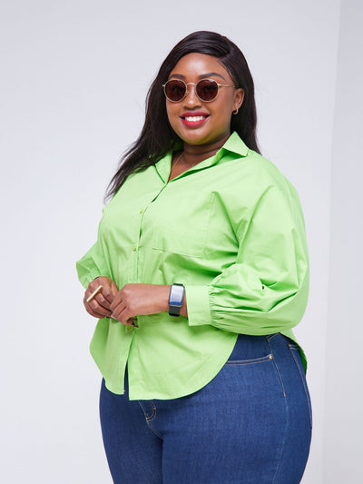 Alara Long Sleeve Button Down Shirt With Puff Sleeve - Lime Green - Shop Zetu Kenya