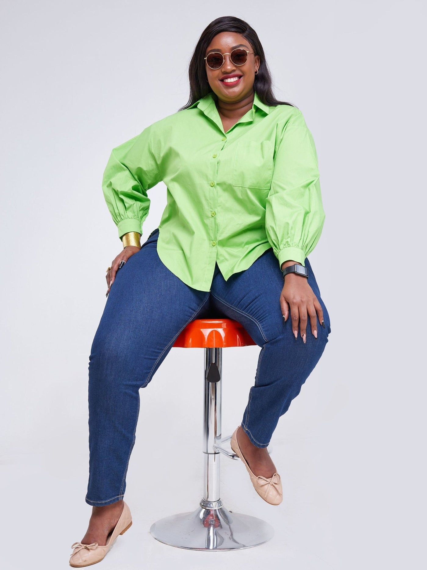 Alara Long Sleeve Button Down Shirt With Puff Sleeve - Lime Green - Shop Zetu Kenya