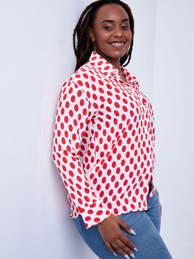 Alara Polka Dot Print Shirt With Front Pocket - Red - Shop Zetu Kenya