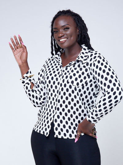 Alara Polka Dot Print Shirt With Front Pocket - White With Black - Shop Zetu Kenya