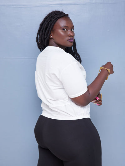 Alara Short Sleeved Jersey Top With Elastic Detail At The Bottom - White - Shop Zetu Kenya