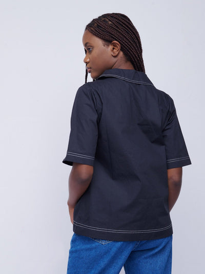 Anika Button Down Shirt with Coloured Seams - Black w/ White Seams - Shop Zetu Kenya