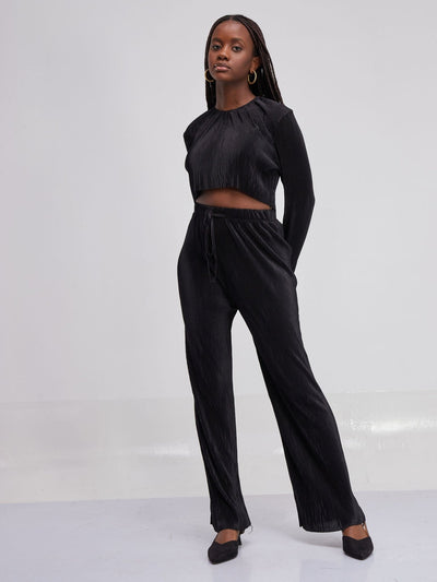 Anika Ribbed Pants Set with Long Sleeve Top - Black - Shop Zetu Kenya