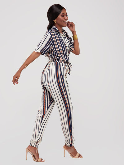 Aramay Calla Lapel Belted Jumpsuit - White / Navy Print - Shop Zetu Kenya