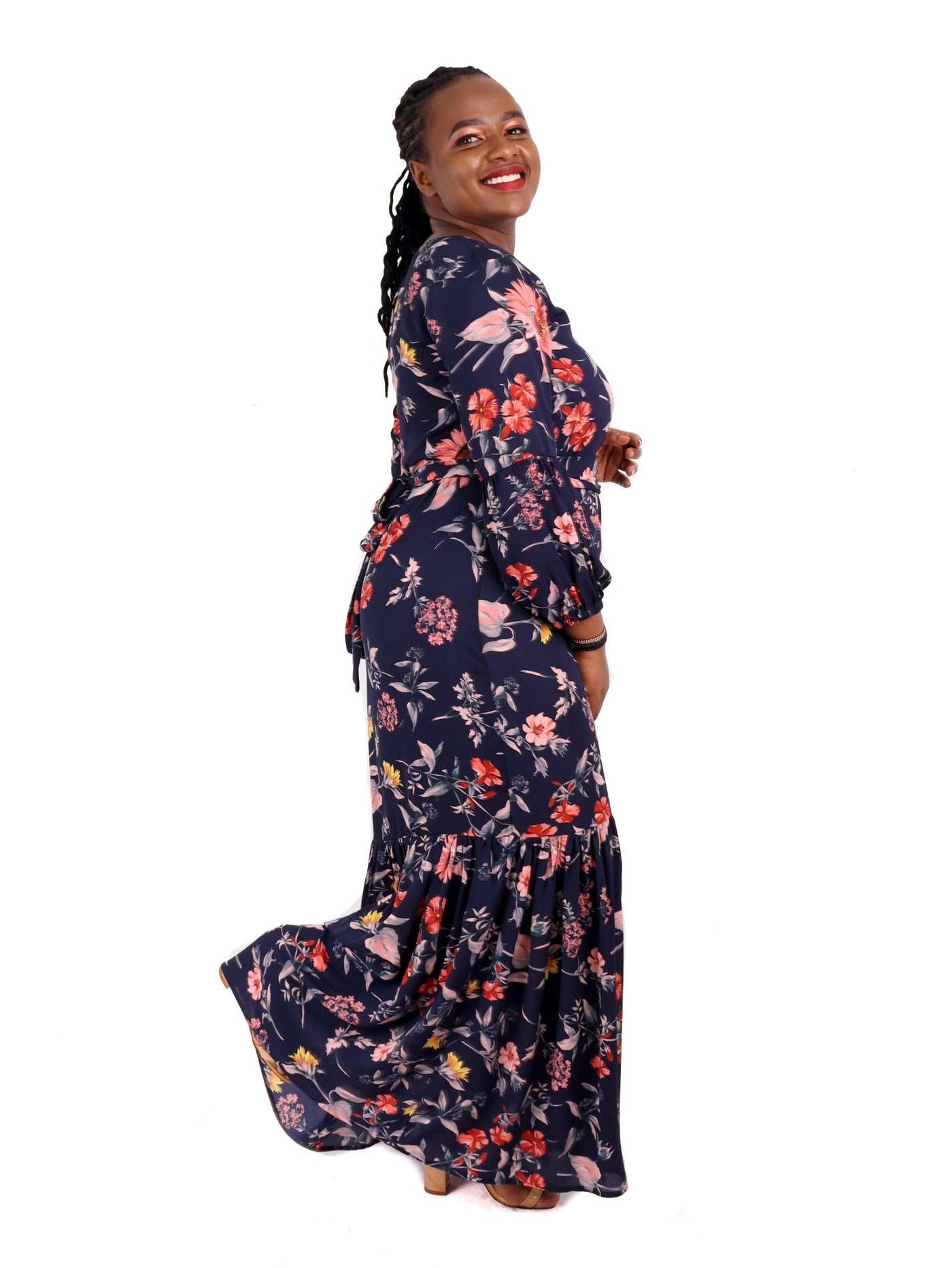 Aramay Daisy Long Sleeved Maxi Dress - Navy Blue Print - Shopzetu