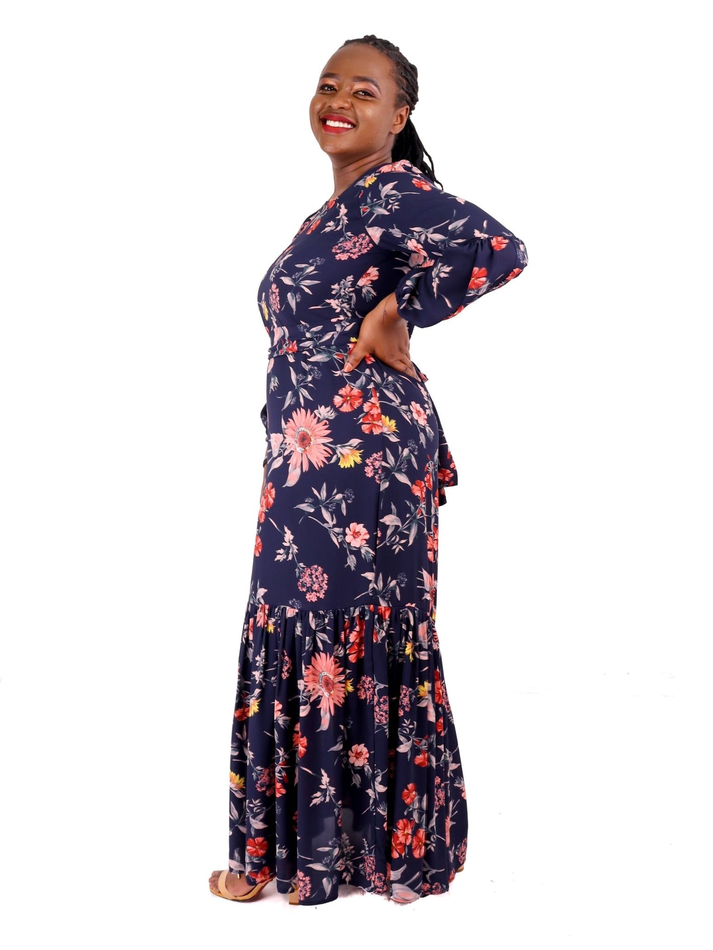 Aramay Daisy Long Sleeved Maxi Dress - Navy Blue Print - Shopzetu