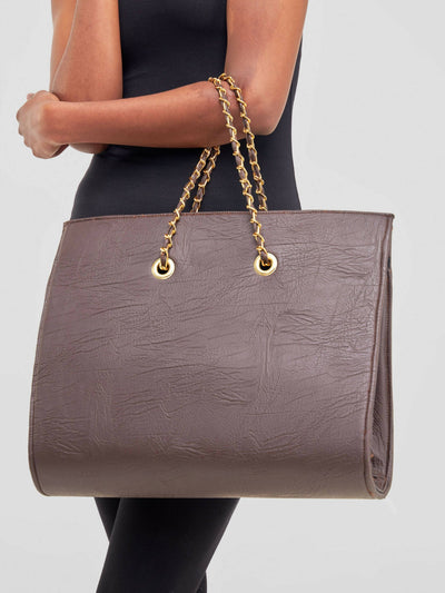 Kay Designs Chained Leather Handbag - Dark Brown - Shopzetu
