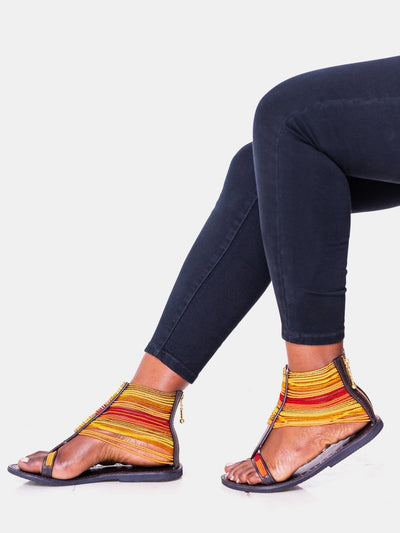 Azu Suzie Chain Zip Sandals - Red / Yellow / Orange Print - Shop Zetu Kenya