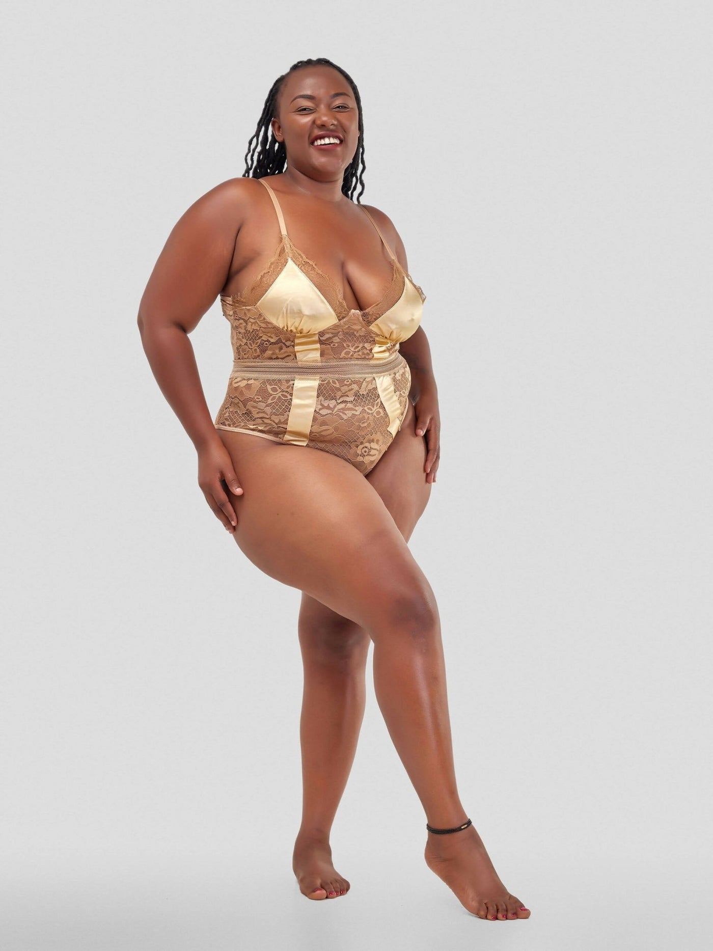 Intimates Kenya High Quality Eyelash Lace Splice Sexy Bodysuit - Beige - Shopzetu