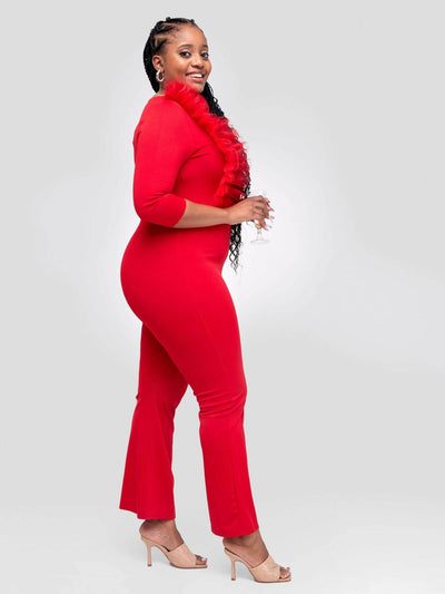 Bold N Chic Tulle Stitch Jumpsuit - Red - Shopzetu