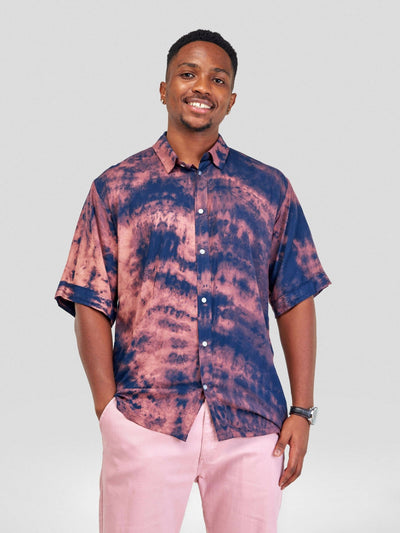 Vazi Afriq Tie & Dye Normal Collar Shirt - Navy Blue Bleach - Shopzetu
