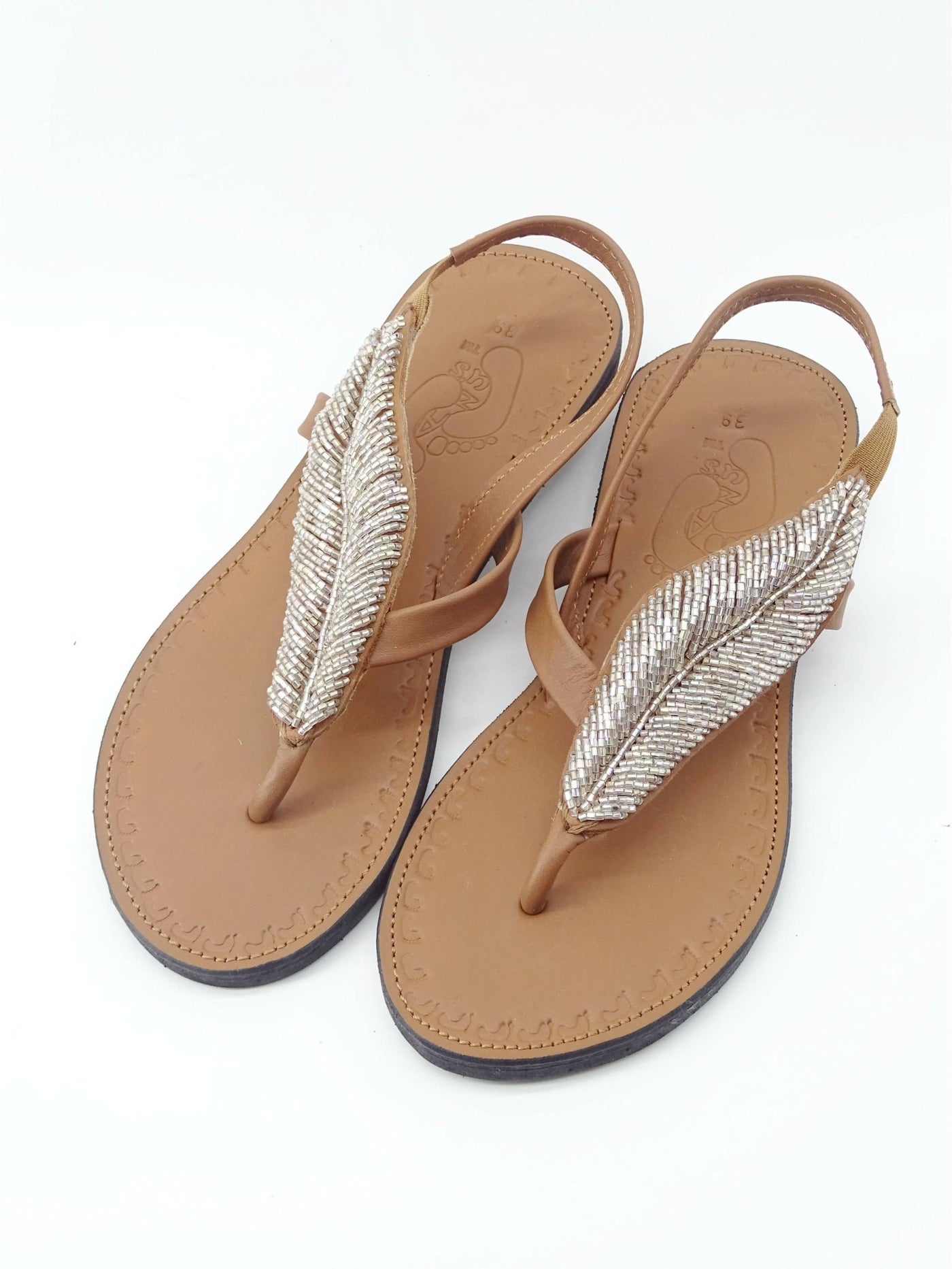 Azu's Leaf Backstrap Sandals - Silver Print / Tan Leather - Shopzetu