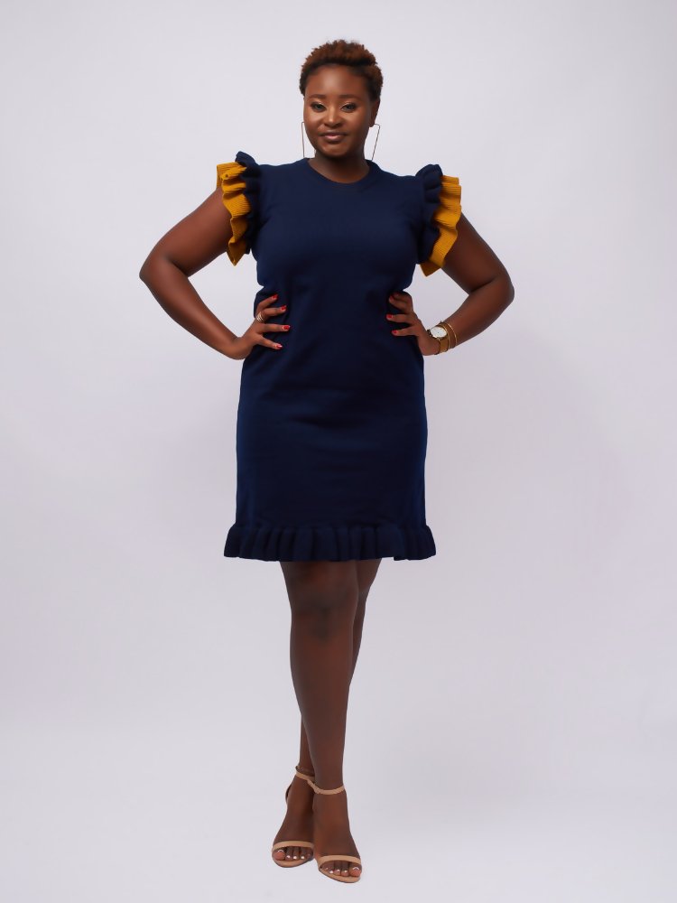 Tuli Rehema Ruffled Sweater Dress - Navy Blue & Mustard - Shopzetu