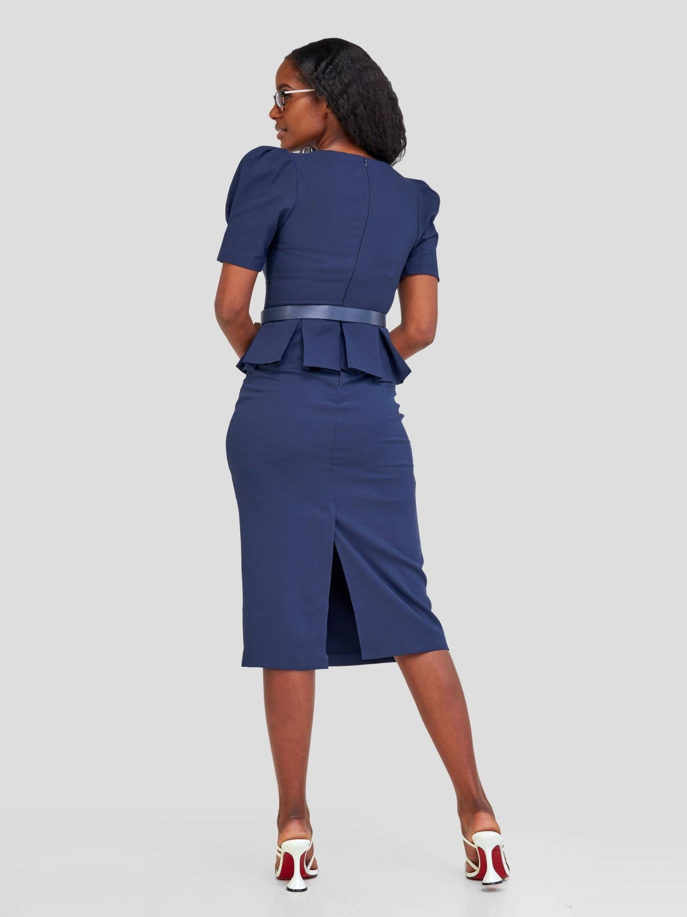 The Fashion Frenzy Belted Peplum Dress - Navy Blue - Shopzetu