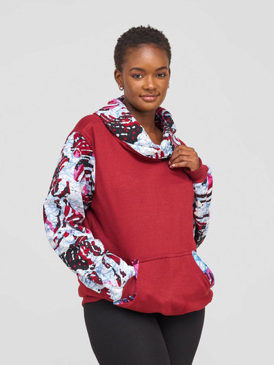 Kay Designs Fleece Jumper With Ankara Sleeves And Neck - Maroon - Shopzetu