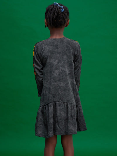 Davids Zuri Long Sleeved Frilly Dress - Dark Grey Print - Shop Zetu Kenya