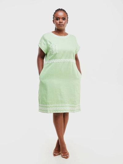 Valuespot Linen Blend Dress with Embroidery - Green - Shopzetu
