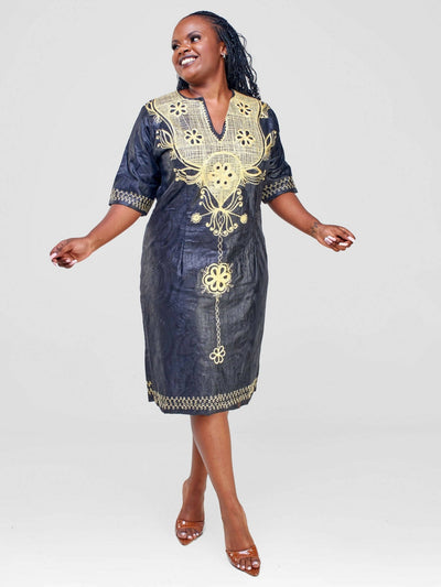 Pretty Gline African Embroidery Bazin Dress - Black Bazin - Shopzetu