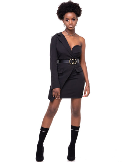 ForKeeps Belted Blazer Dress - Black - Shopzetu