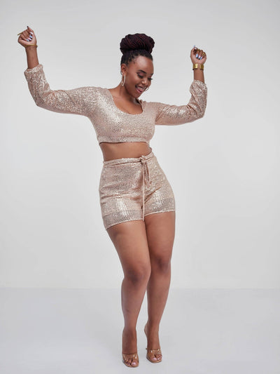 ForKeeps Two-Piece Sequinned Top And Shorts Set - Brown - Shop Zetu Kenya