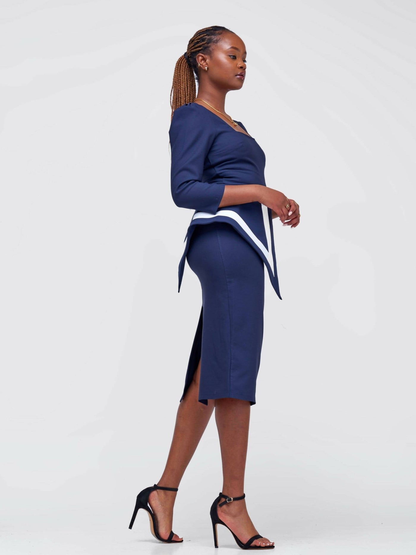 The Fashion Frenzy Side Peplum Dress - Navy Blue - Shopzetu