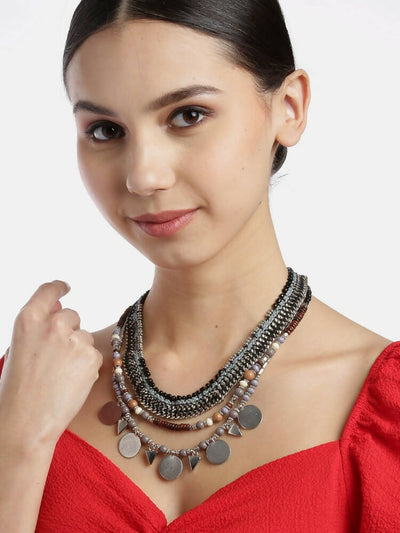 Slaks World Fashion 3 Layer Woven Necklace And Silver Ascents - Silver - Shopzetu