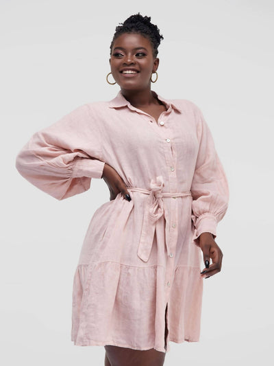 Have To Have 100% Linen Skater Belted Dress With Balloon Arms - Peach - Shop Zetu Kenya