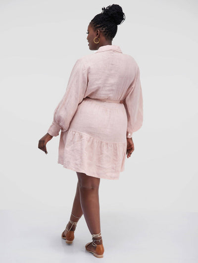 Have To Have 100% Linen Skater Belted Dress With Balloon Arms - Peach - Shop Zetu Kenya