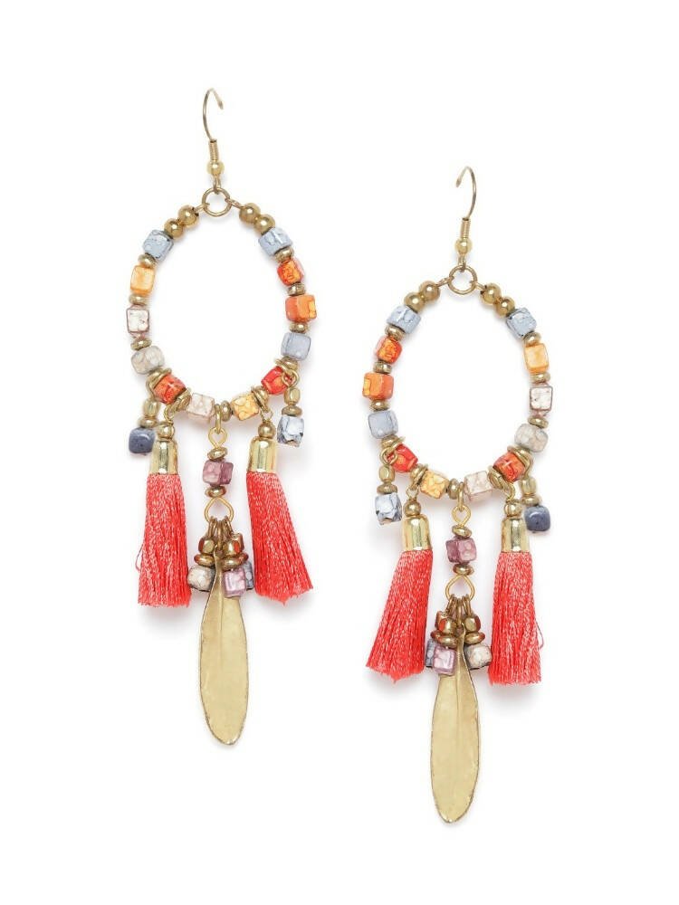 Slaks World Fashion Bead Tassel Drop Earrings - Red / Gold - Shopzetu