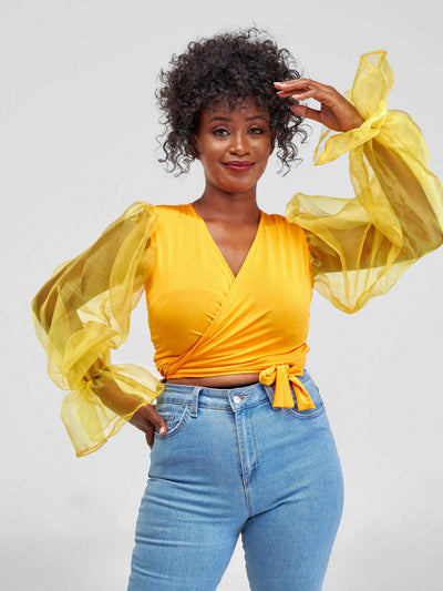 Sasha Designs Closet Sheer Wrap Top With Organza Sleeves - Yellow - Shopzetu