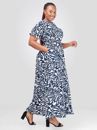 Phyls Collections Mtwapa Maxi Dress - White / Navy Blue Zebra Print - Shopzetu