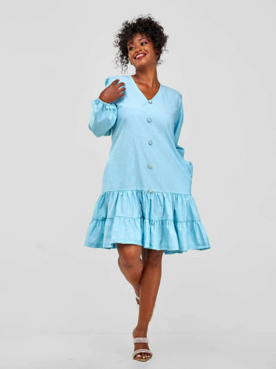 Jolly Fancy Puffed Sleeve Shift Dress - Sky Blue - Shopzetu