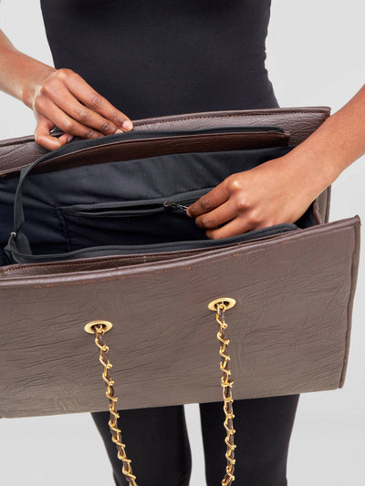 Kay Designs Chained Leather Handbag - Dark Brown - Shopzetu