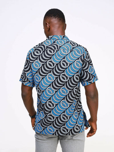 Beqss Chinese Collar Ankara Shirt Short Sleeved - Blue / Black Print - Shopzetu