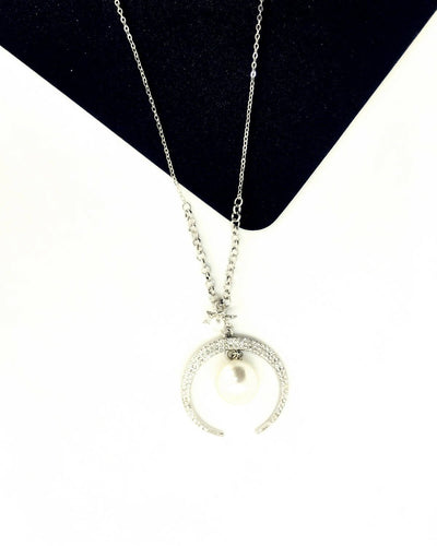 Slaks World Fashion Cresent Style & Pearl Necklace - Silver - Shopzetu