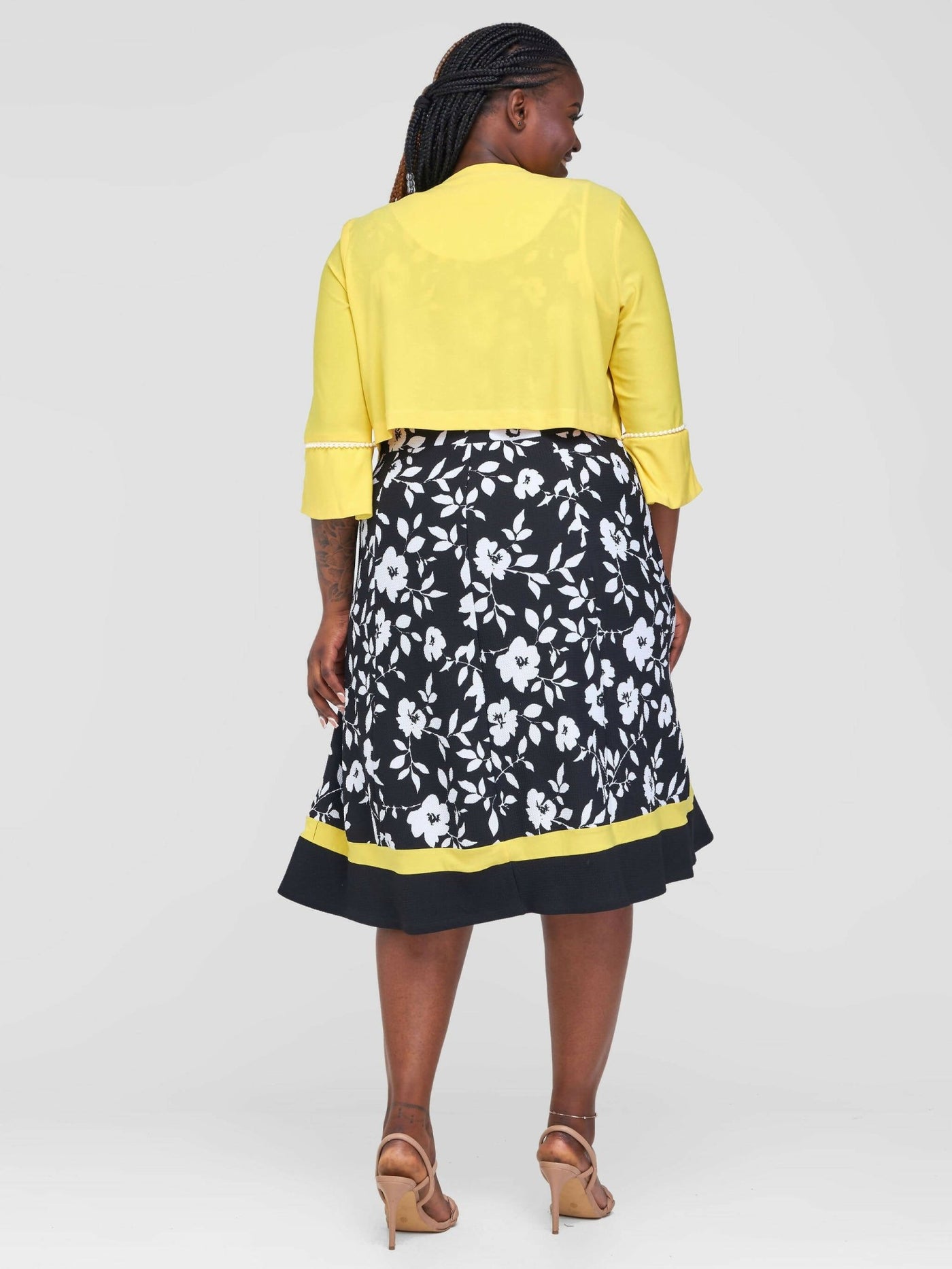 Twilight Collections Knee Length Jacket & Skater Dress - Yellow / Black Print - Shopzetu