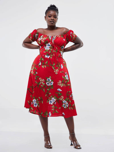 Ladies & Linen Spring Floral Dress - Red / White / Green Print - Shop Zetu Kenya