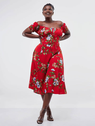 Ladies & Linen Spring Floral Dress - Red / White / Green Print - Shop Zetu Kenya