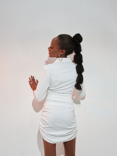 Lola Long Sleeved Above Knee Ruched Dress - White - Shop Zetu Kenya