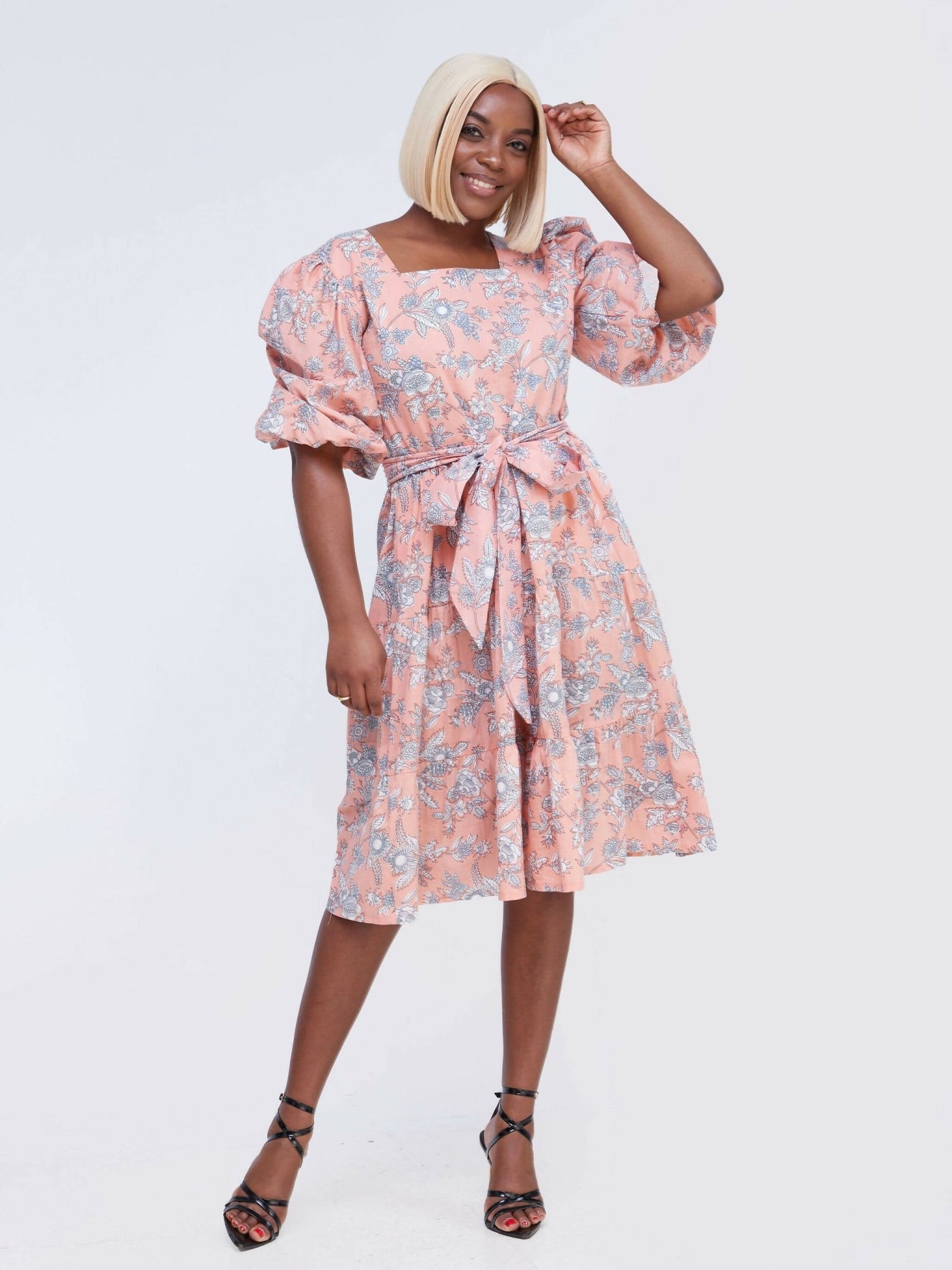 Mariam Couture Floral Knee Length Dress - Peach - Shop Zetu Kenya