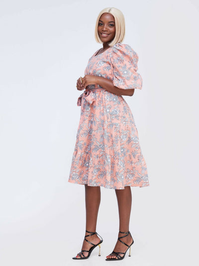 Mariam Couture Floral Knee Length Dress - Peach - Shop Zetu Kenya