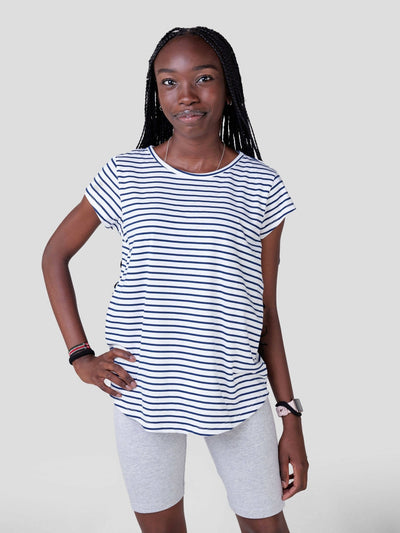 Inken Stripe Short Sleeve Shirt-tail T-shirt - Blue Stripes - Shopzetu