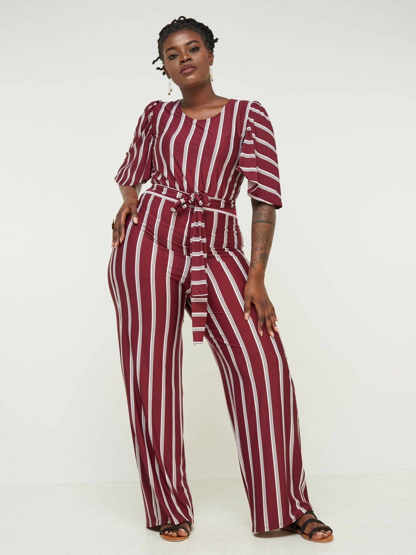 Phyls Collections Tunis Jumpsuit Marron Striped - Maroon - Shopzetu