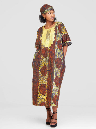 PrettyGline Ankara Embroidered Dress - Mustard / Brown - Shopzetu